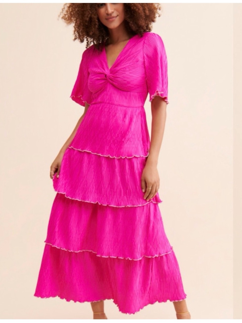 Saylor Alyx Tiered Midi Dress M Twist Knot Bodice Side Zip Hot Pink Feminine